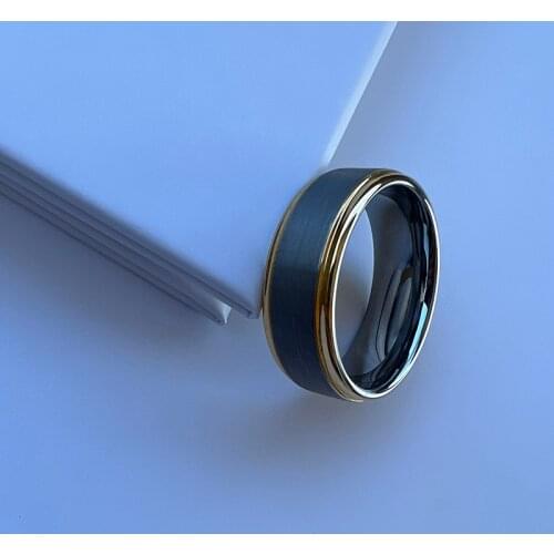 8MM Gold Tungsten Carbide Ring For Men Wemen Engagement Pipe Cut Black Brushed Finished Comfort Fit