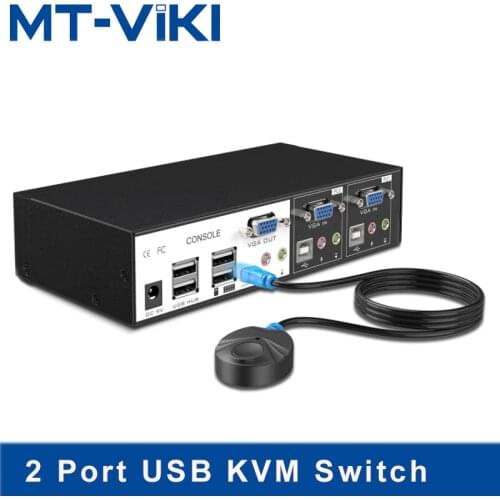 MT-Viki 2 Port USB KVM Switch Hotkey Wired Remote Control with Audio Mic Original Cable Power Adapter MT-0201VK
