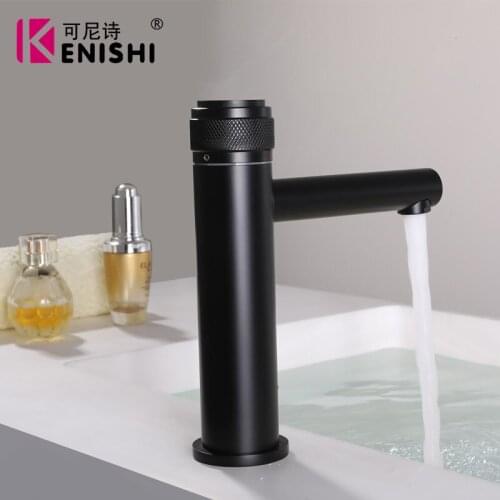 Matte Zwarte Wastafel Kraan Push type Eengreeps Badkamer Kraan Waterval Messing Badkamer Kraan Warm Koud Water Mengkra