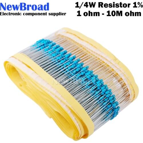 100pcs 1/4W 1R~22M 1% Metal film resistor 100R 220R 330R 1K 1K2 1K5 2K2 4K7 10K 22K 47K 100K 470K 750K ohm resistance