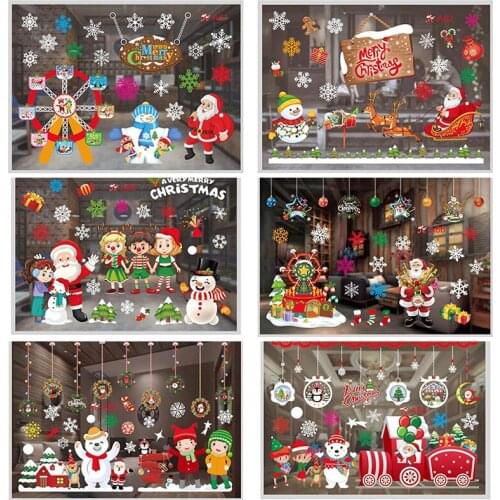 Merry Christmas Wall Stickers Snowflake Snowman Large Stickers Xmas Tree Glass Showcase Wallpaper Window Decor New Year 50*35cm