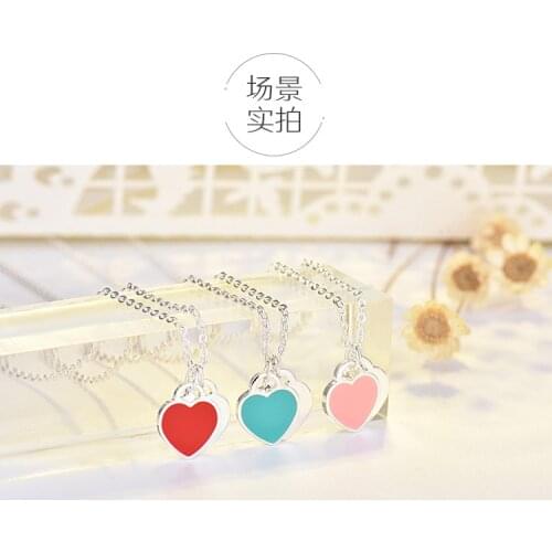 New Double Heart Necklace Women Long Chain Classic Tiff Design Green&Pink&Red Heart Pendant High Quality Necklace Gift Jewelry