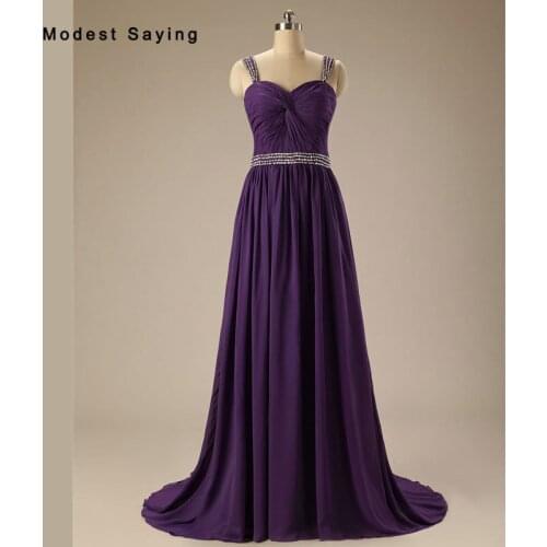 Wholesale Purple A-Line Pleated Beaded Evening Dresses 2017 with Straps Formal Long Party Prom Gowns vestido longo de festa