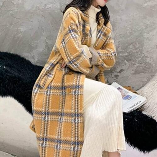 2020 New Winter Women Chic Long Loose Casual Plaid Coats Ladies Autumn Fashion Collar Elegant Coats Female Woolen Warm Outwear