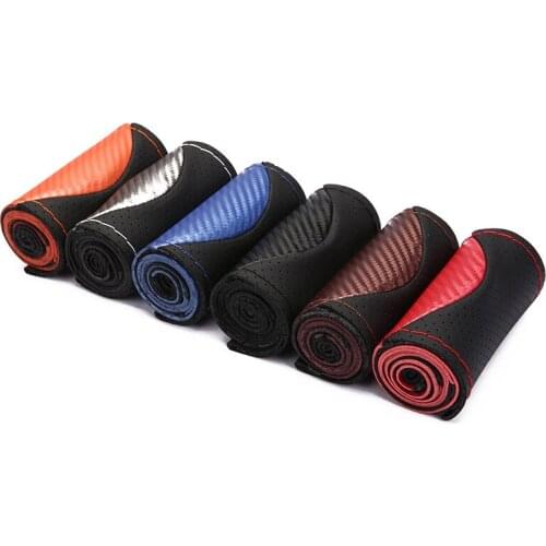 Hand-stitched Steering Wheel Cover Sewing Durable carbon fiber leather 38 cm For Kia Renault Mazda Car Accessories Braid Covers