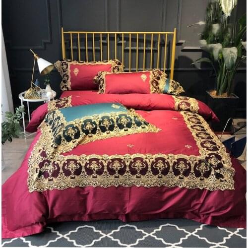 Luxury Red Blue Lace 120S Egyeptian cotton Royal Bedding sets Queen King Wedding Duvet cover Bed sheet set Pillowcases 4pcs