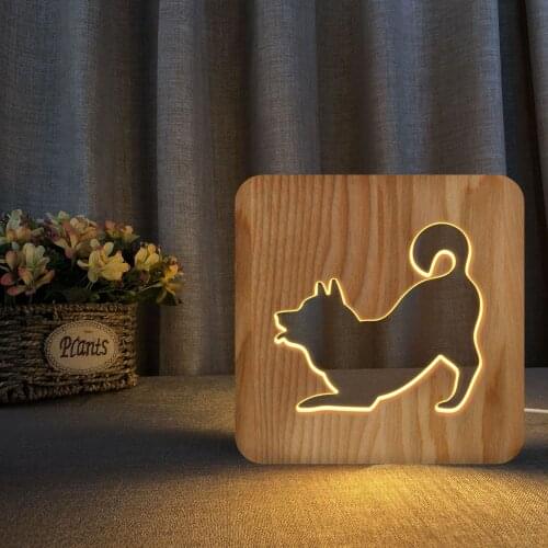Solid Wood Hollow Carved Shiba Inu Christmas Decorative Table Lamp Nightlight Decorative Lamp