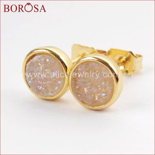 BOROSA 6mm Round Gold Bezel Natural Agates Titanium Druzy Stud Earrings Champagne Rainbow Drusy Earring for Women ZG0277