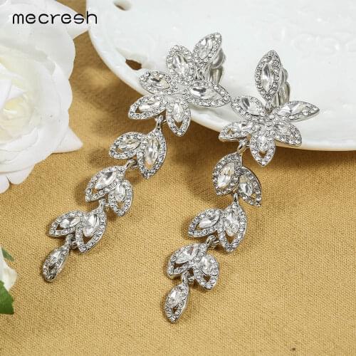 Mecresh Leaf branch Crystal Clip On Earrings for Women Silver Color Marquise Bridal Long Clip Earrings Without Piercing 282-Clip