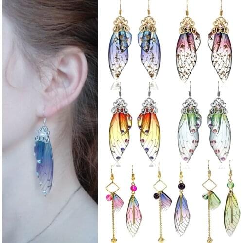 Gorgeous Handmade Shining Rhinestone Long Butterfly Cicada Insect Wings Drop Earring For Women Delicate Jewelry Gift