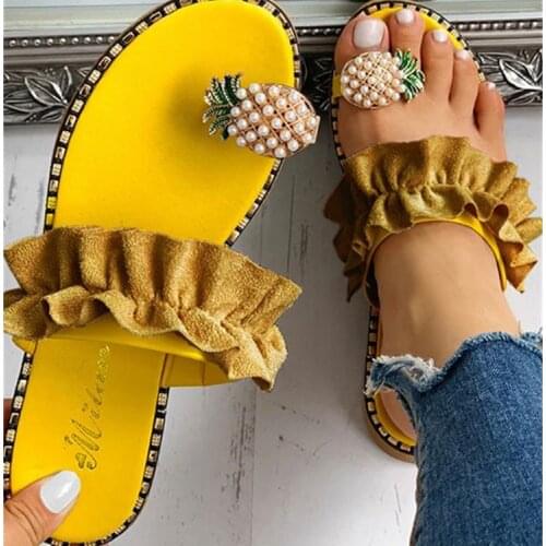 Summer Women Slipper Black Flat Pearl Sandals Pineapple Toe Ring Sandals Slip On Flip Flops Beach Slides Casual Women Shoes 43