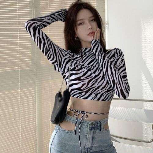 Spring ZebraPrint Women T Shirt Long Sleeve Tees Tops Backless Skinny Sexy Crop Top Turtleneck Tshirt Lace Up Pop Y2K Tops