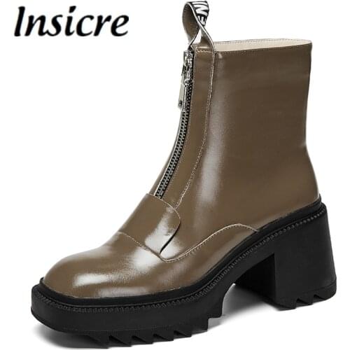 Insicre 2021 Women New Cow Leather Front Zipper Ankle Boots Square Toe Thick Heel Female Platform Handmade Concise Party Shoes