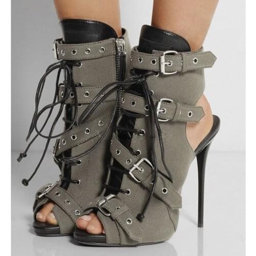Gladiator Cloth Patchwork Lace Up Slingback Boots Women Buckle Strap Thin High Heels Peep Toe Ankle Boots Fashion Women Boots