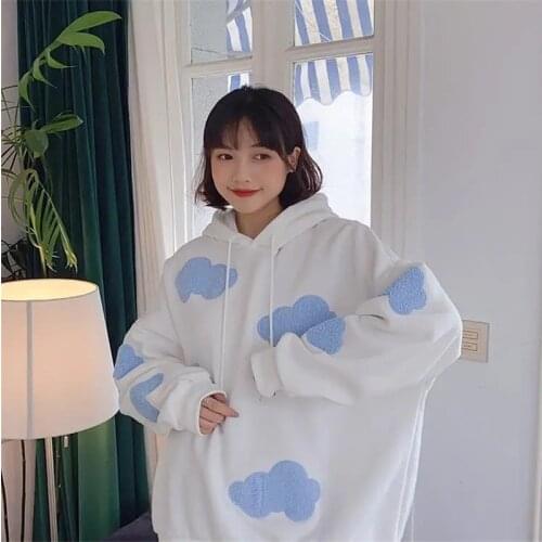 Women Blue Cloud White Korean Spring Holiday Hoodies Student Cartoon Long Sleeve Tops Streetwear Cartoon Loose Cute Hoodies