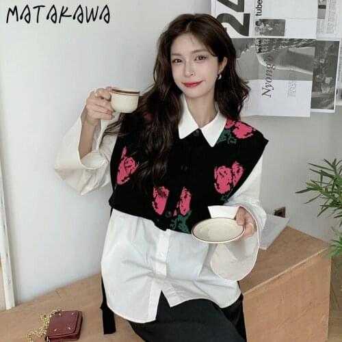 Matakawa Sweater Vest Autumnb O Neck Sleeveless Side Lace Up Gilet Korean Fashion Floral Print Single Breasted Short Vests Woman