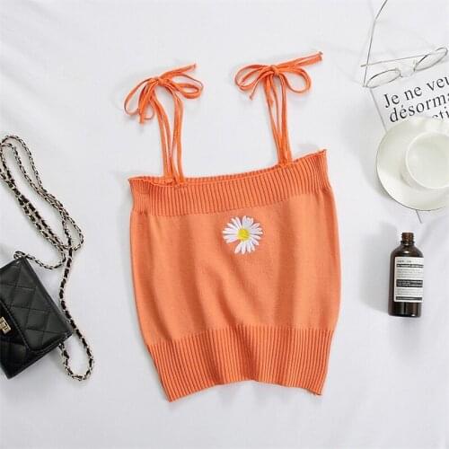 Summer Polyester Womens Top Slash Neck Sleeveless Pullover Halter Knitted Slim Embroidery Floral Print Fashion Casual Top