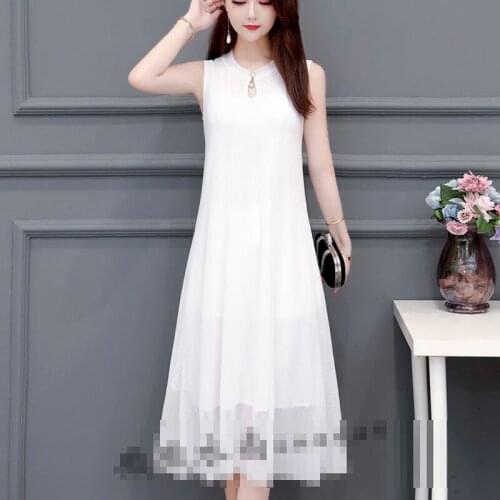 2021 New Summer Solid Color Cheongsam Sleeveless Vest Chiffon Dress Women Long Dresses Vestido De Mujer Femme Robe X92