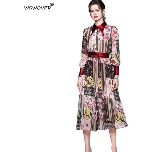 Elegant Women Long Sleeve Vintage Print Chiffon Dress Runway High Quality Spring Autumn Robe Femme Midi Aline Holiday Vestidos