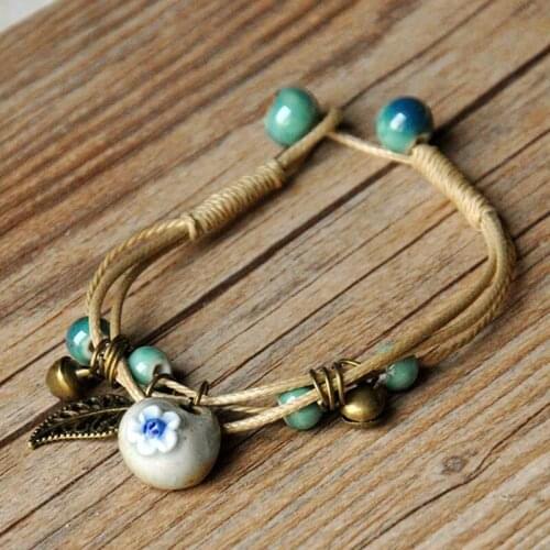 12 Pieces/Lot Gold Color Flower Bells Bracelet For Women Wristbands Chains Ceramic Beads Pendant Charm Hollow Leaves Bangle Gift