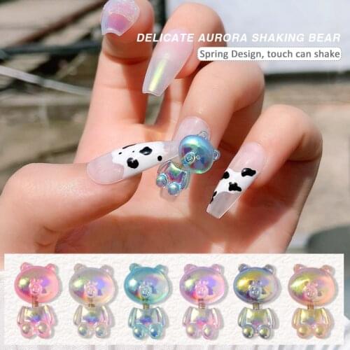 6pcs Cute Bear Resin Nail Art Decorations 3D Shaking Bear Fashion Nail Ornaments DIY UV Gel Glitter Aurora Manicure Accessories