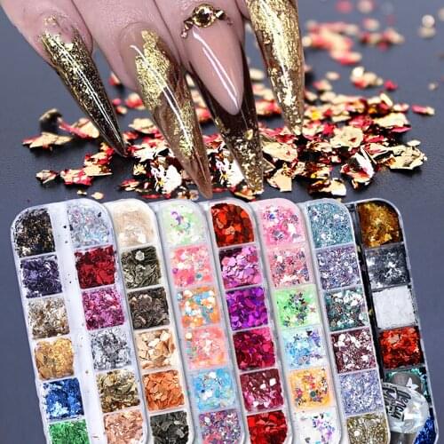 12 Grid Nail Sequins Irregular Holographic Glitter Nail Gold Pigment Nail Art Decoration Mirror Glitter Foils Paper Butterflies