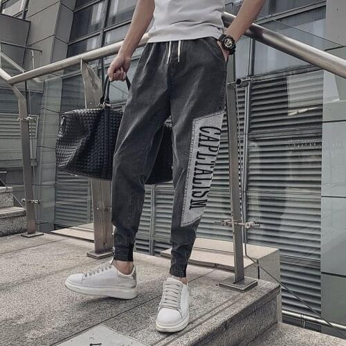 Mens Jeans Spring Summer Letter Embroidery Washed Harlan Casual Trendy Trousers Stitching Slim Denim Trousers Thin Hip Hop Jean