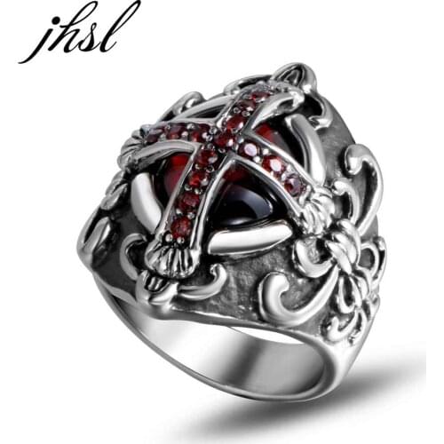 JHSL Big Large Men Red Stone Rings Cross Design Stainless Steel Fashion Jewelry Gift Wholesale US Size 7 8 9 10 11 12 13