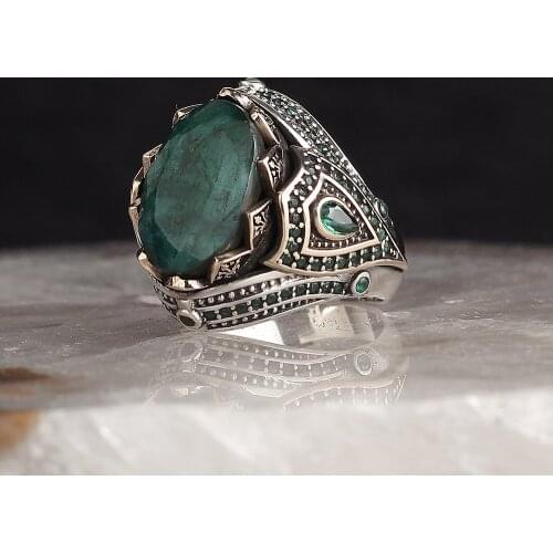 925 Sterling Silver Ring for Men Emerald Stone Jewelry Fashion Vintage Gift Onyx Aqeq Mens Rings All Size