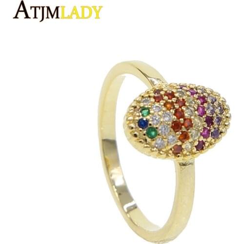 European trendy women lady jewelry gold filled oval egg shape colorful cz paved rainbow luxury gorgeous ring us size 5 6 7 8
