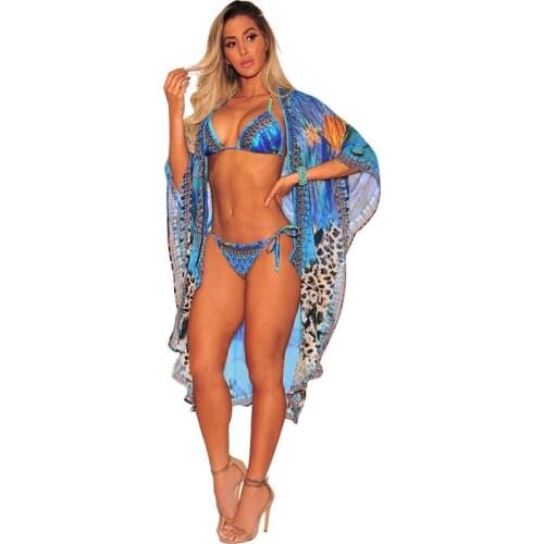 3Pcs print Biquinis vintage women sexy bikini set + cover ups beachwear bathing suits Push up bandage triangle swimsuits femme