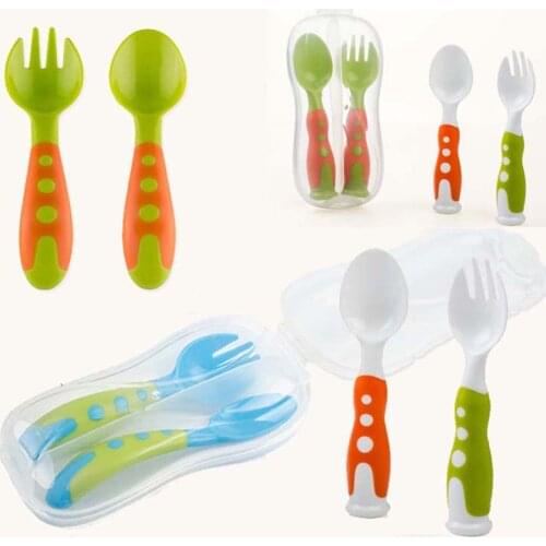 2PC BPA Free Children Utensil Safety Tableware Baby Spoon Fork Set Infant Solid Feeding Flatware Fork Cochleare CarryBox