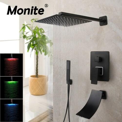 Monite 8 12 16 Inch Matte Black Shower Faucet Rainfall Tub LED Bathtub Rain Square Shower Head Waterfall Shower Faucet Set