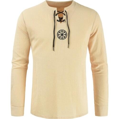 Men Plus Size Shirt Top T-Shirts Men Ancient Viking Embroidery Lace Up V Neck Long Sleeve Shirt Top For Mens Clothing