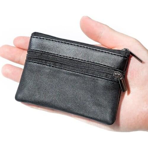 Mens Coin Purse Black Leather Single Zipper Multi-Function Mobile Phone Coin Purse Fashion Mens Mini Wallet