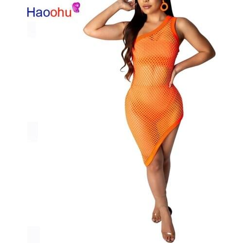 HAOOHU Neon Fishnet Mesh 3 Piece Set Women Summer One Shoulder Dress+Crop Top+Panties Sexy Club Beach Outfits Matching Sets