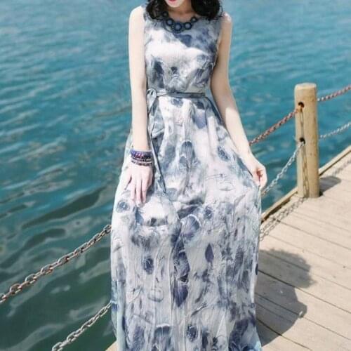 2021 summer new printed dress Loose Sleeveless Holiday Print Long Maxi Dress Seaside vacation beach dress
