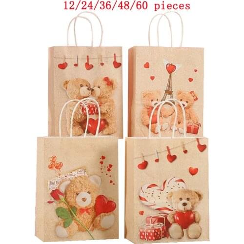 Bear Print Baby Girl Birthday Party Gift Bags Decorations Kraft Paper Candy Boxes For Packaging Kids Party Cookies Handle Bags