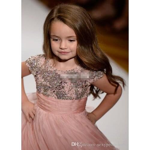 Dusty Pink Sequins Beaded Girls Pageant Gowns Cap Sleeve Organza Ruffles Flower Girl Dresses For Wedding Baby First Communion Dr