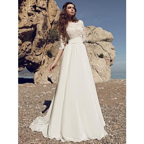 A Line Bohemian Beach Chiffon Lace Wedding Dress 2021 Bateau Seaside Three Quarters Sleeves Open Back Pleated Cheap Bridal Gowns
