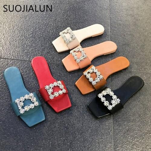 SUOJIALUN 2021 New Brand Women Slipper Fashion Bling Rhinestone Buckle Beach Slides Summer Sandal Shoes Open Toe Flip Flop