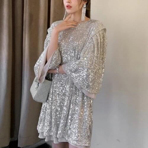 2021 Spring Fashion New Sweet O-Neck Half Sleeve Plus Size Silver T-shirt Style Dress Korea Style Casual Sequin Dress