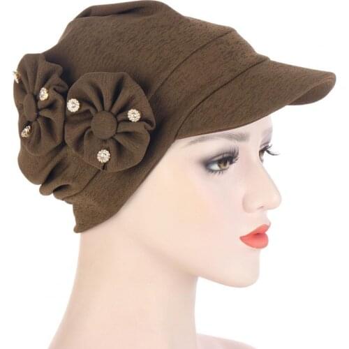 Women Fashion Hat Solid Color Skin-friendly Flowers Rhinestone Wide Brim Peaked Hat for Daily Life