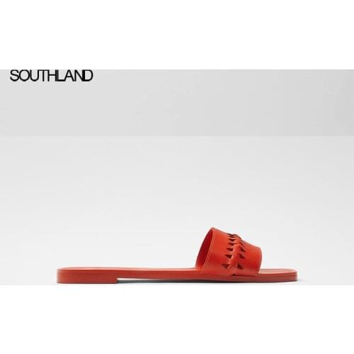 SOUTHLAND Womens shoes Orange cow leather Genuine Leather Square head Weave Flat sandals