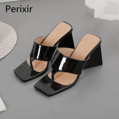 Perixir Ladies Sandals Genuine Leather Sculptured Flared Block Heel Open Square Flip-Toe Mules Clubwear Women New Fashion Shoes