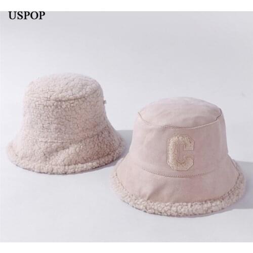USPOP Women’s Hats Winter Thick Suede Bucket Hats Letter Embroidery Warm Panama Hats Caps Can Be Worn on Both Sides