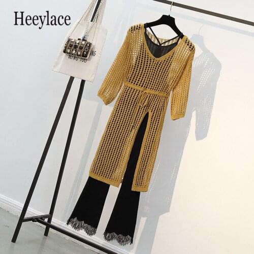 Plus Size Women 3 Pieces Sets Female Black Vest +See Through Knitted Dreeses +Flare Pants Suits For Women Sexy See Through Sets