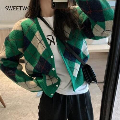 Loose V-Neck Contrast Argyle Knit Cardigan Women Autumn and Winter 2021 Sweater Long Sleeve Retro Woman Sweaters