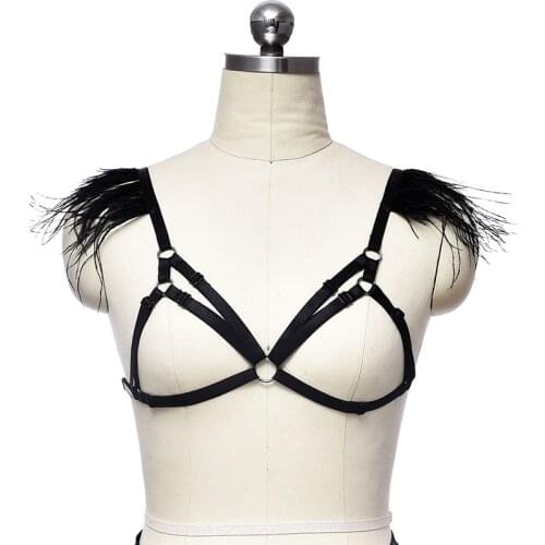 Feather Halloween Rave Harness Bra Goth Women Open Chest Body Cage Sexy Underwear Wear Pole Dance Bondage Body Harness