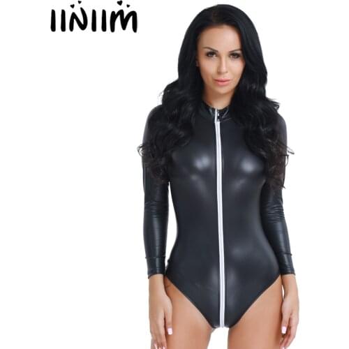 Women Lingerie Bodycon Stocking Punk Faux Leather Long Sleeves Zippered Parties Leotard Jumpsuit Bodysuit Catsuit Sexy Clubwear